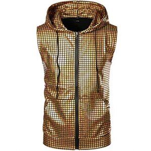 NEW Mens Gold Sleeveless Hooded Vest Shirt